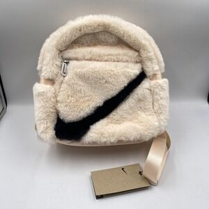 Nike Backpack Womens‎ One Size Cream Faux Fur Mini Plush Black Swoosh FB8049-838